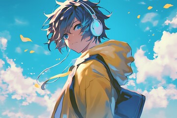 Anime boy with blue eyes and headphones listening to music outdoors