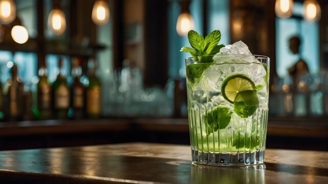coctel mojito cubaro en la barra de un bar
