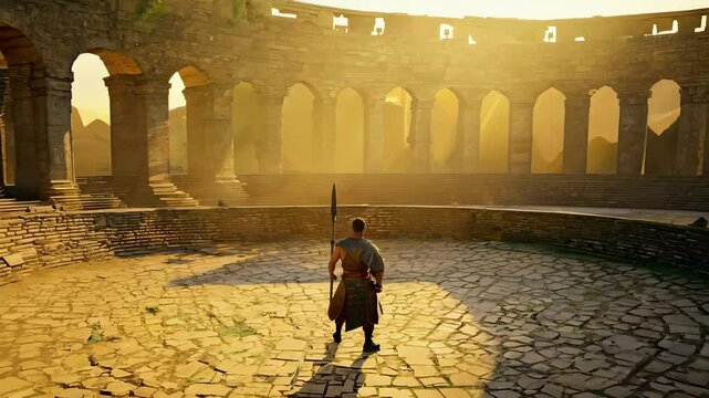 Man Dressed as Ancient Gladiator Standing in ancient Roman amphitheater at Sunset. Concept of Historical Reenactment, Gladiatorial Combat
