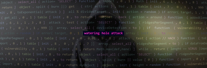 Cyber attack watering hole attack text in foreground screen, Anonymous hacker hidden with hoodie in the blurred background. Vulnerability text in binary system ascii art style, code on editor screen.