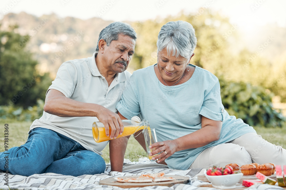 Canvas Prints Outdoor, senior couple and picnic with juice for drinking, bonding together or celebration of marriage. People, man and woman in retirement with commitment, beverage or nutrition in nature with smile