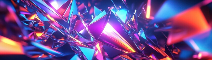 Whirlwind of vibrant, angular shapes, spinning in a chaotic geometric pattern, with radiant neon hues and sharp lines