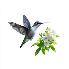 Fototapeta premium A vibrant green hummingbird hovers in mid-air near a cluster of blooming white flowers, isolated on a white background.