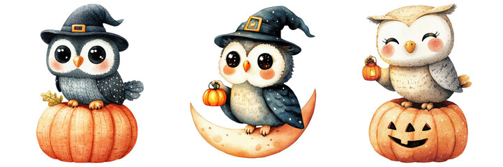 Set of whimsical owls wearing witch's hats, perching on pumpkins.