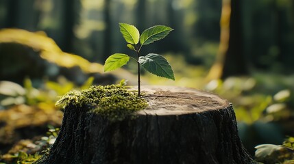 Young rowan tree seedling grow from old stump in poland forest.