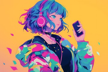 Naklejka premium Anime girl listening to music on smartphone with headphones in vibrant colors and bright background