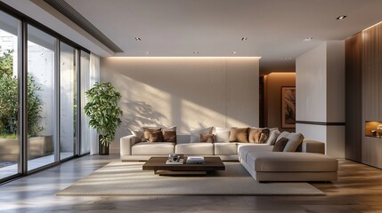 Stylish interior of modern living room with light wall.