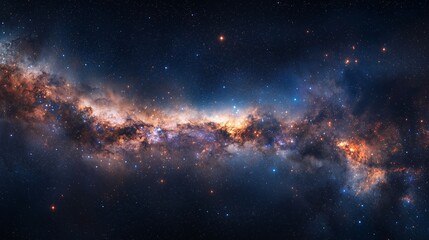 Naklejka premium Panoramic astrophotography of visible milky way galaxy. stars nebula and stardust at night sky.