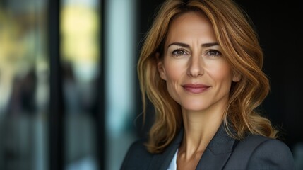Fototapeta premium Closeup portrait mature professional beautiful confident woman wearing a power suit friendly personality smiling isolated indoors office background. positive human emotions.