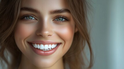 Big bright white smile headshot with a beautiful brunette woman sincere happy cheerful positive expression.