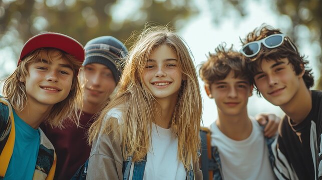 Summer holidays and teenage concept - group of smiling teenagers with skateboard hanging out outside.