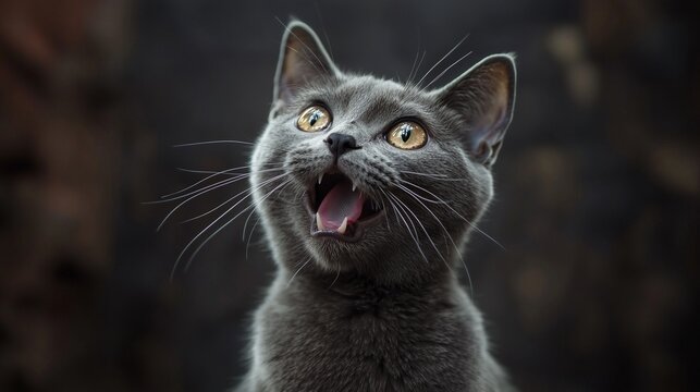 The gray cat looks up mewing and having widely opened a mouth.