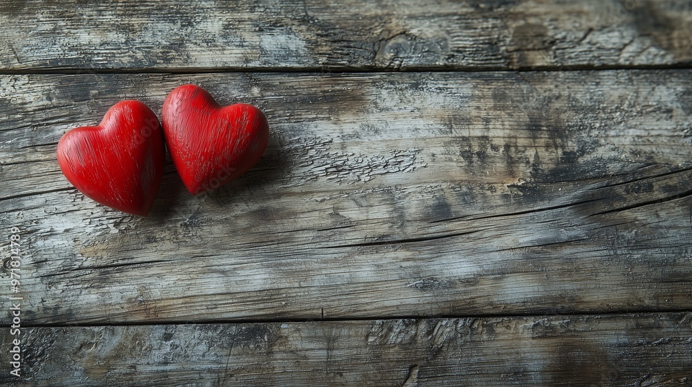 Wall mural valentines day background with two red hearts on wooden background.