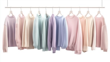 Fototapeta premium Women's fashion pastel clothes. stylish female blouses sweaters pants jeans t-shirts handbags on hanger on white background. minimalist fashion blog.