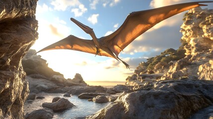 Sky landscape showcasing pterodactyls in natural habitat image