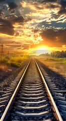 Fototapeta premium A railroad track going to the horizon. Rails surrounded by nature at sunset. Without the train. Travel concept.
