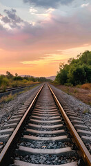 Obraz premium A railroad track going to the horizon. Rails surrounded by nature at sunset. Without the train. Travel concept.