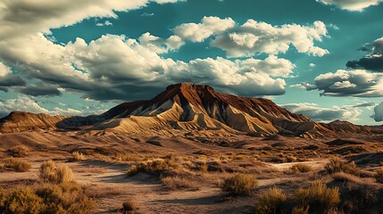 Naklejka premium Striking Landscape with Colorful Mountain and Dramatic Clouds in the Desert