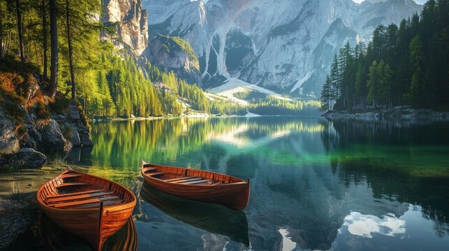 Boats on the braies lake ( pragser wildsee ) in dolomites mountains sudtirol italy.
