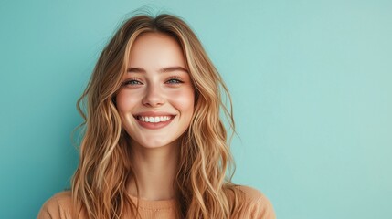 Naklejka premium Pretty smiling joyfully female with fair hair dressed casually looking with satisfaction at camera being happy. studio shot of good-looking beautiful woman isolated against blank studio wall.