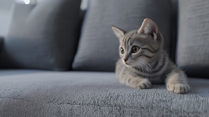 Beautiful little cat on a grey sofa.