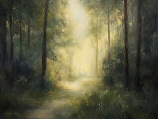 Obraz premium Oil painting depicting a softly illuminated forest with a focus on gentle light and a serene backdrop