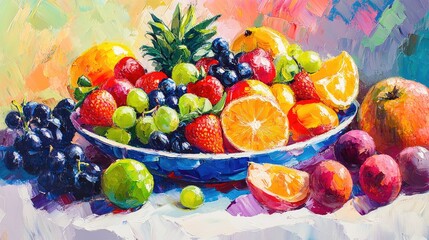 Vibrant oil painting depicting a variety of colorful fruits arranged for a delicious breakfast showcasing a lively fruit salad