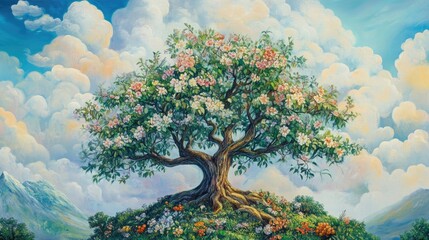 Oil painting showcasing trees that produce oxygen essential for life provide fruits flowers wood for fuel and possess significant medicinal properties highlighting their crucial role in purificati