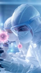 A man in a lab coat is wearing a mask