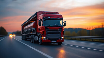 Red fuel tanker truck driving on a highway during sunset, representing long-distance transportation and logistics.