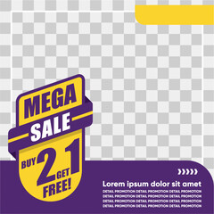 Social media post template modern design, for business digital marketing online, Mega Sale Buy 2 Get 1 Free