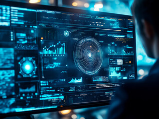 Obraz premium Futuristic AI Interface with Male Professional Analyzing Data in High-Tech Environment