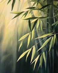 Fototapeta premium Oil painting depicting bamboo leaves illuminated by sunlight showcasing natural beauty and the effects of light