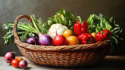 Oil painting depicting a basket of vegetables representing raw food diet food preservation and dietary preferences