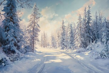 Fototapeta premium Oil painting depicting a stunning winter scene with snow laden trees and a serene snowy landscape