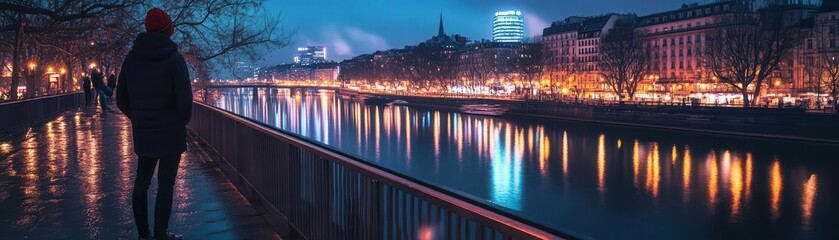 Fototapeta premium A wanderer standing on a bridge overlooking the city, the reflection of lights shimmering on the river below, urban reflection, night exploration
