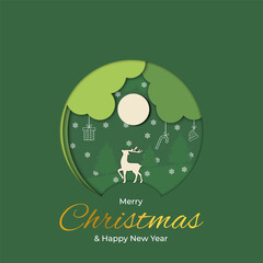Christmas tree, snowman, deer and hanging xmas elements in paper cut template backdrop collection. Vector illustration social media design.