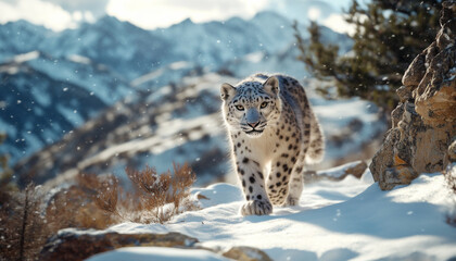 Snow leopard, white leopard in snow mountains, white snow leopard walking