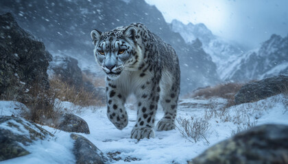 Fototapeta premium Snow leopard, white leopard in snow mountains, white snow leopard walking