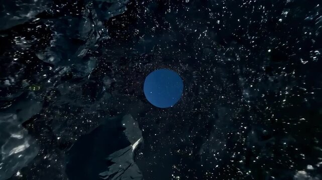 Flight through cosmic space with flying asteroids toward a blue portal and shining stars. Concept of space travel, intergalactic journey, black hole, wormhole, cosmic adventure, and magical mysticism