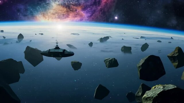 Spaceship navigating through an asteroid field in outer space. Concept of space exploration, futuristic technology, deep space travel