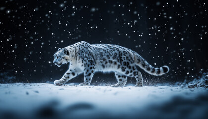 Fototapeta premium Snow leopard, white leopard in snow mountains, white snow leopard walking