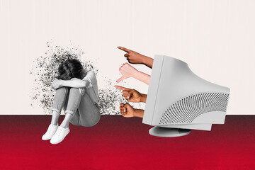 Composite photo collage of upset girl put down head hug knee hands peek pc monitor cyberbullying...