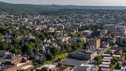 Late summer, early fall aerial, drone, photo of the Scranton Pennsylvania skyline.  September 2024.