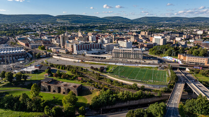 Late summer, early fall aerial, drone, photo of the Scranton Pennsylvania skyline.  September 2024.