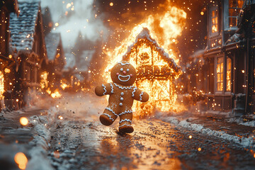 A gingerbread man running away from a gingerbread house that's on fire. Concept of holiday baking gone wrong.