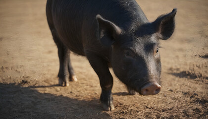 Fototapeta premium closeup of a black Iberian pig in the fields