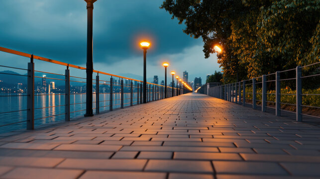 A tranquil riverside promenade at dusk, illuminated by glowing streetlights, stretches into the distance with a city skyline backdrop.