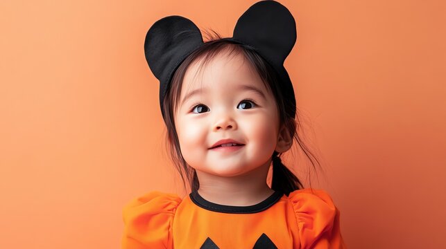 A young girl wearing a pumpkin costume and a black Mickey Mouse headband smiles at the camera.