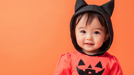 A baby girl wearing a pumpkin costume with black cat ears smiles at the camera.